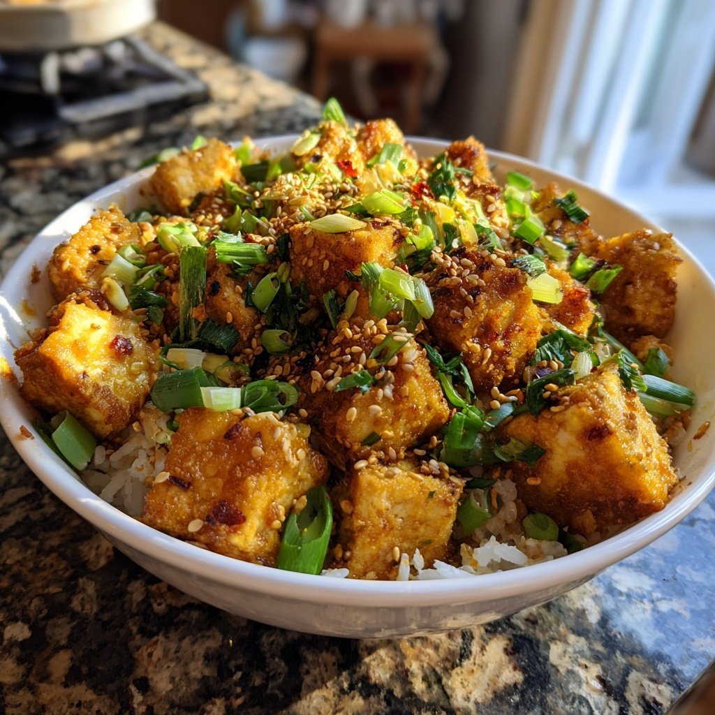 Crispy Tofu Garlic Rice Bowl